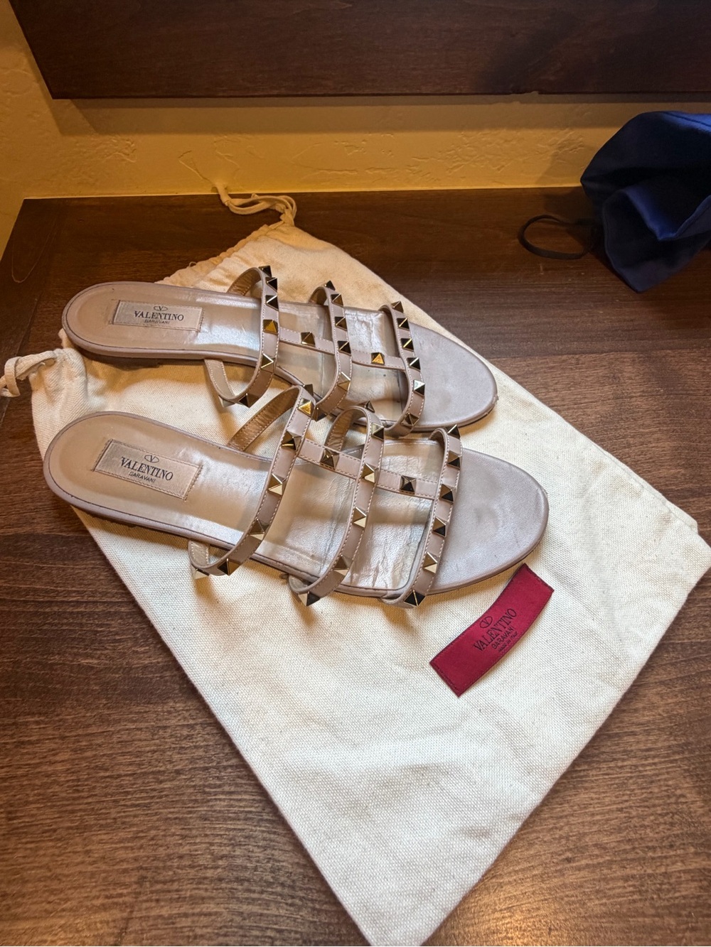 Valentino Nude Leather Rockstud Multi-Strap Slide Sandals